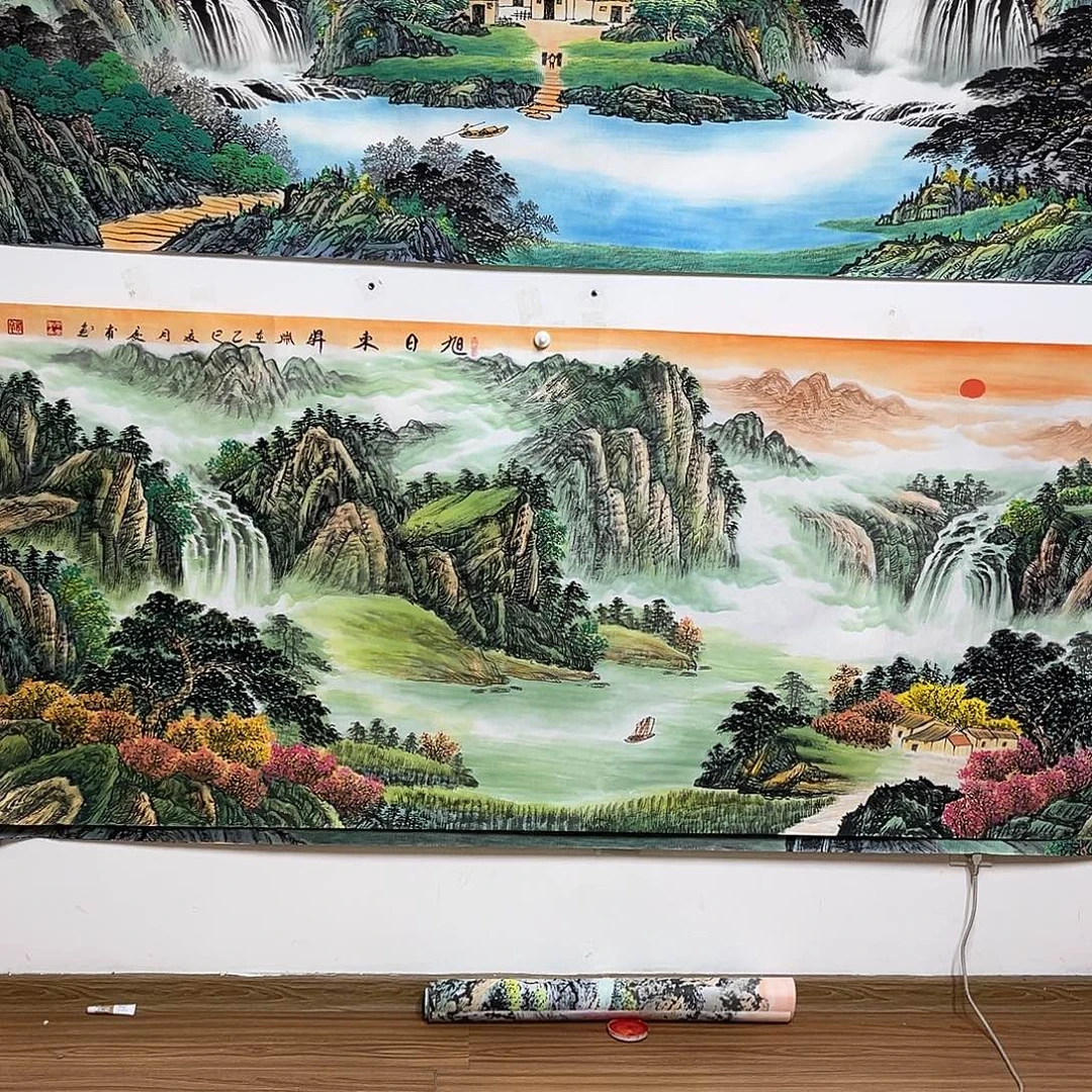 白***菜国画2.4米长的旭日东升