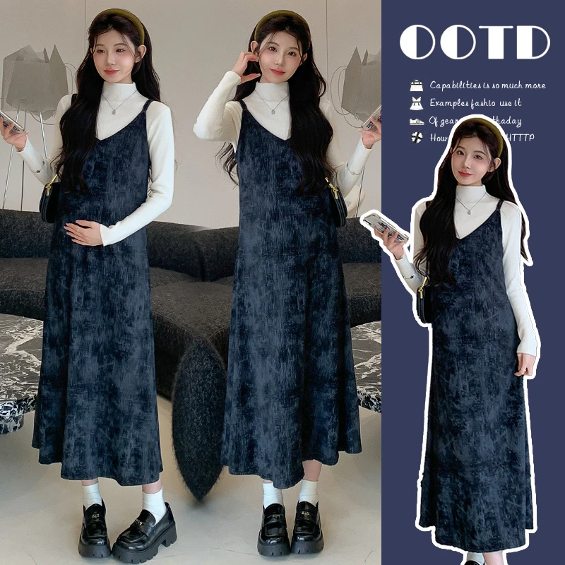 孕妇装2025秋冬新款韩版时尚慵懒风复古洋气减龄晕染吊带裙两件套