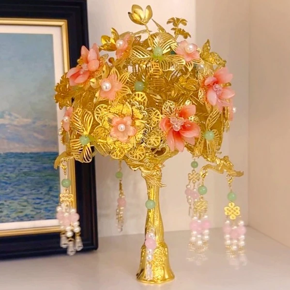 黄金色手捧花结婚diy礼物高级手工新婚闺蜜团扇中式婚礼新娘秀禾