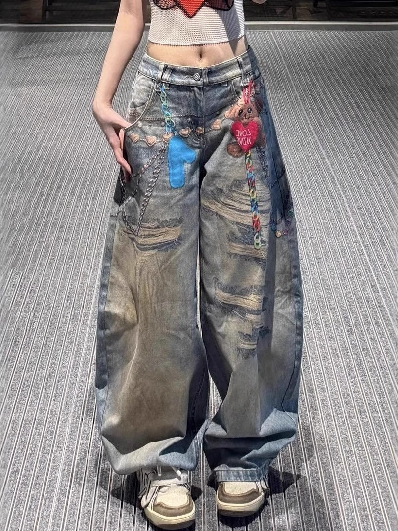 美式复古小熊链条涂鸦印花牛仔裤女设计感图案街头宽松阔腿长裤子