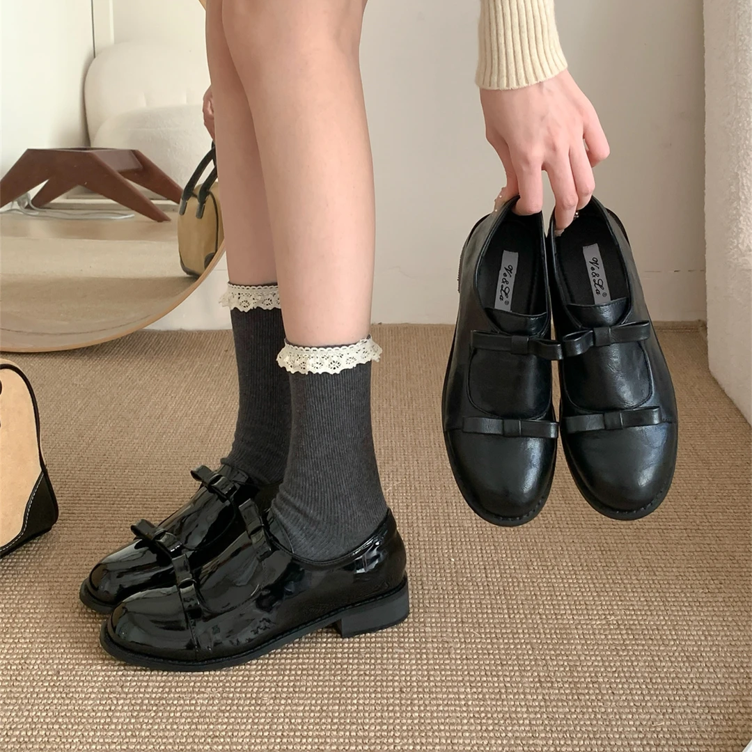 粗跟版~复古英伦风蝴蝶结小皮鞋女春秋厚底乐福鞋一脚蹬低跟单鞋