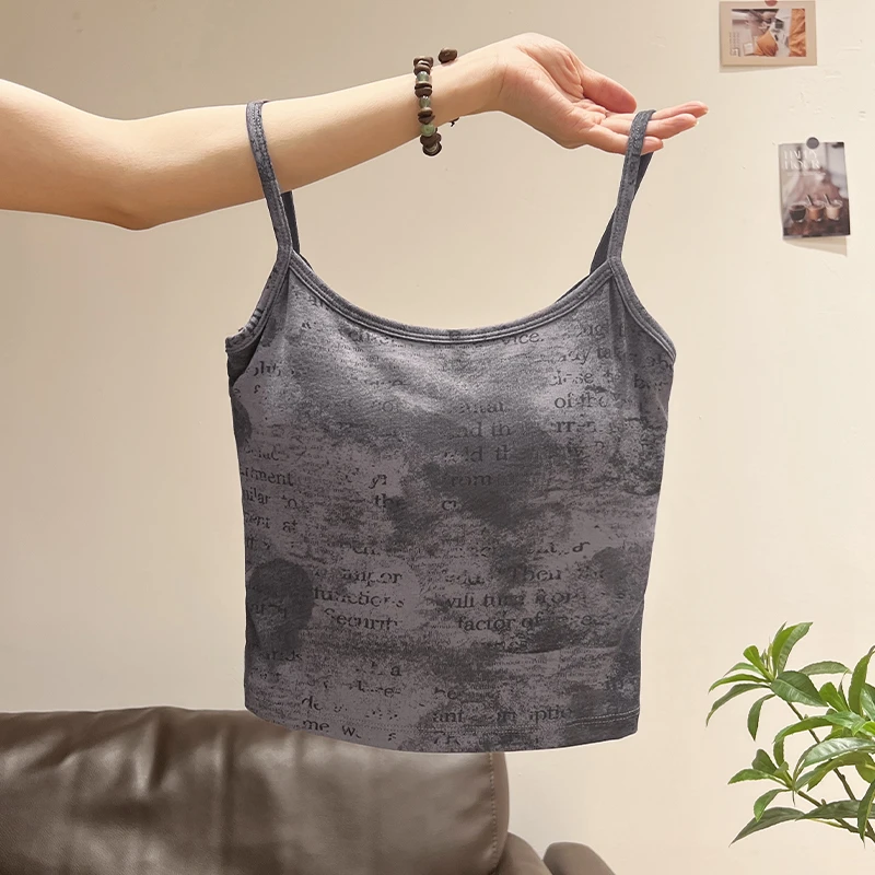 美式字母印花吊带背心女夏季2025新款带胸垫修身辣妹设计感小上衣