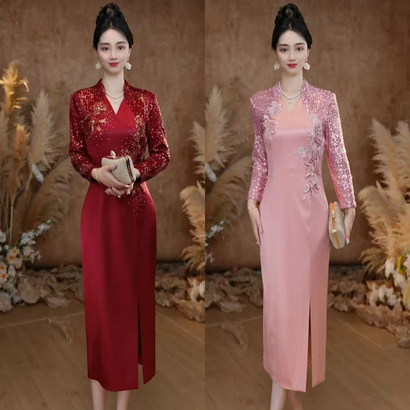 礼服平时可穿时尚气质高贵优雅生日宴会V领婚礼喜婆婆妈妈连衣裙