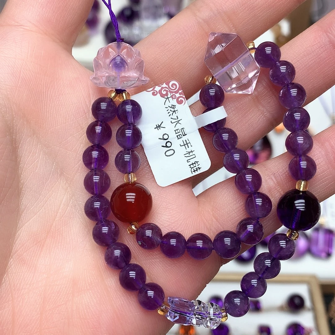 珠宝半成品紫晶未镶嵌L粉莲花手机挂件