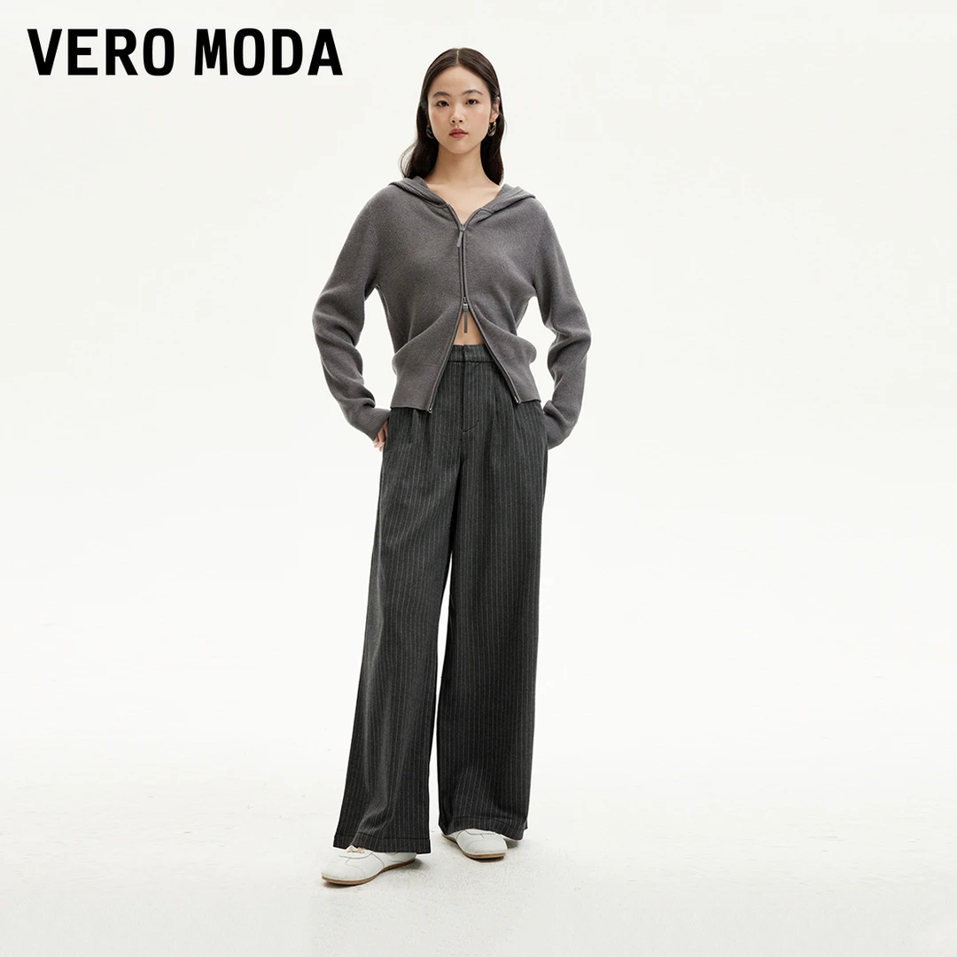 Vero Moda牛仔裤女新条纹高腰宽松阔腿拼接百搭老钱风324332025