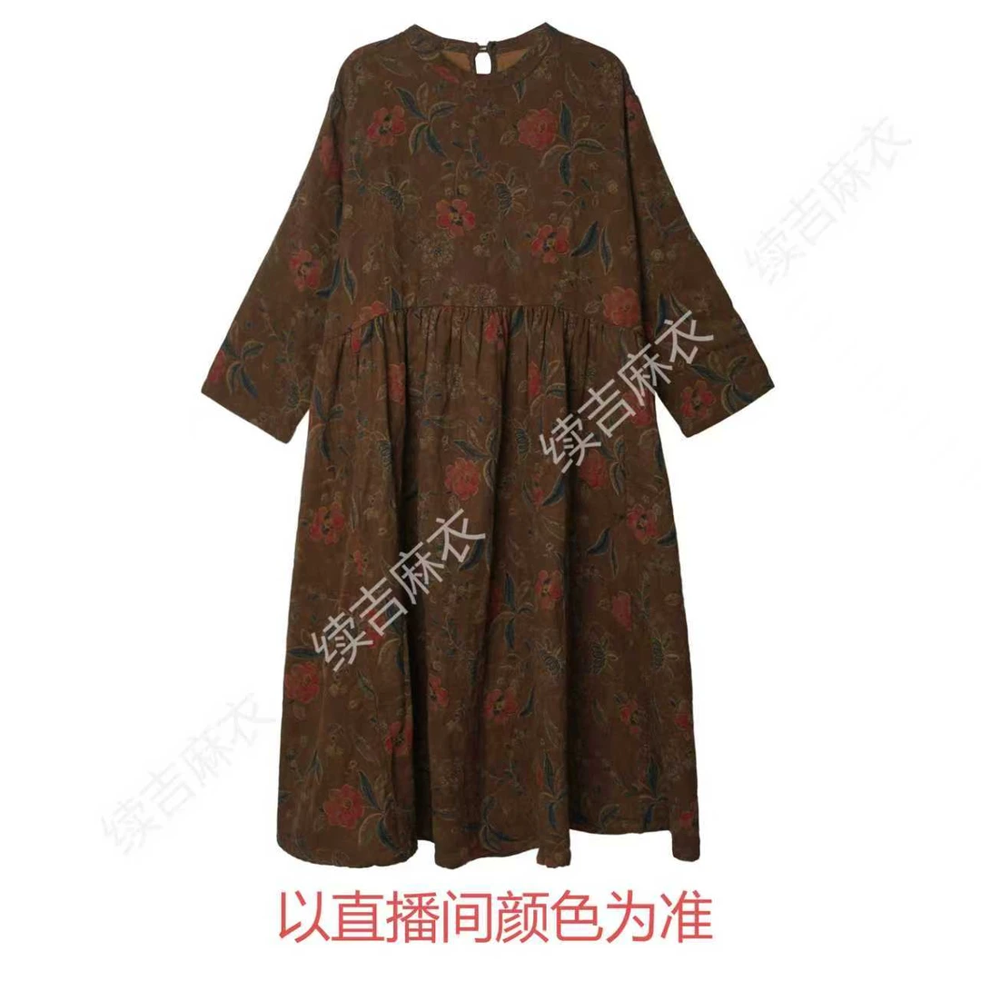 早秋-续吉麻衣25-1929【桂香漫红】棉圆领国风长袖气质印花连衣裙