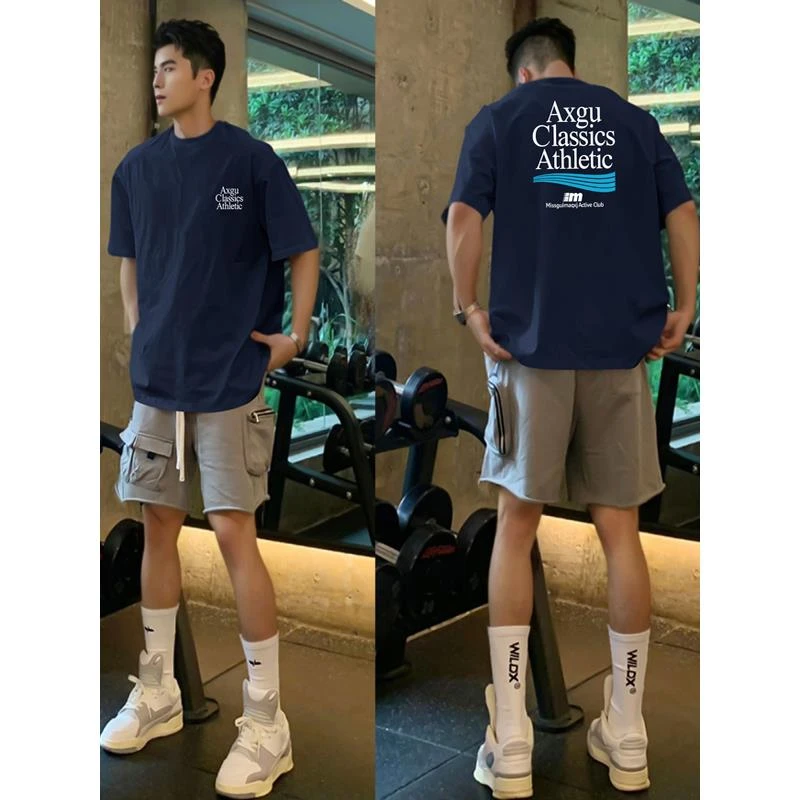 美式休闲个性字母印花短袖T恤男夏季潮牌百搭宽松藏青色上衣