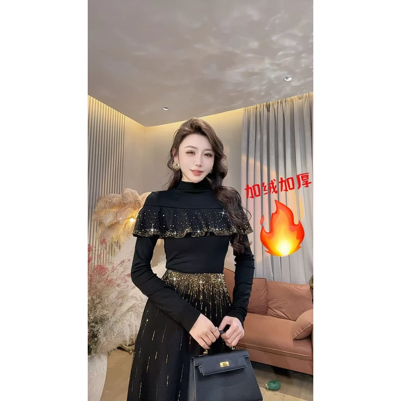 【美美专享】550335新款半高领荷叶边钻钻修身显瘦加绒T恤上衣女