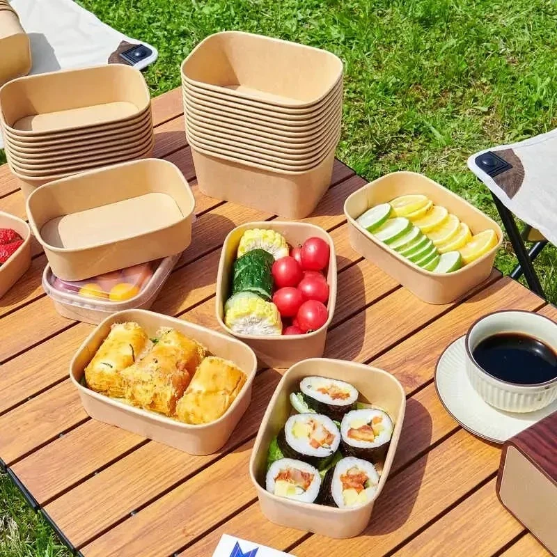 一次性餐盒方形食品牛皮纸饭盒便当盒水果野餐纸碗外卖打包纸盒子