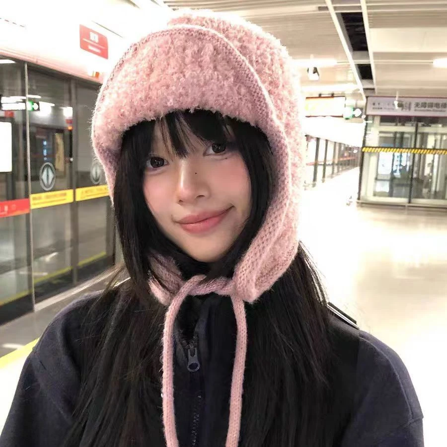 雷锋帽日系纯色毛绒绑带毛线帽女秋冬季保暖护耳护耳软糯针织帽