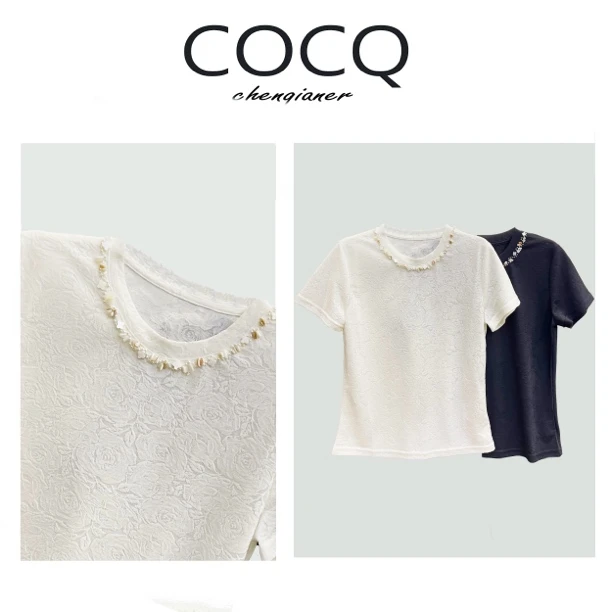 【COCQ】重工钉珠领提花蕾丝T恤上衣春夏休闲百搭