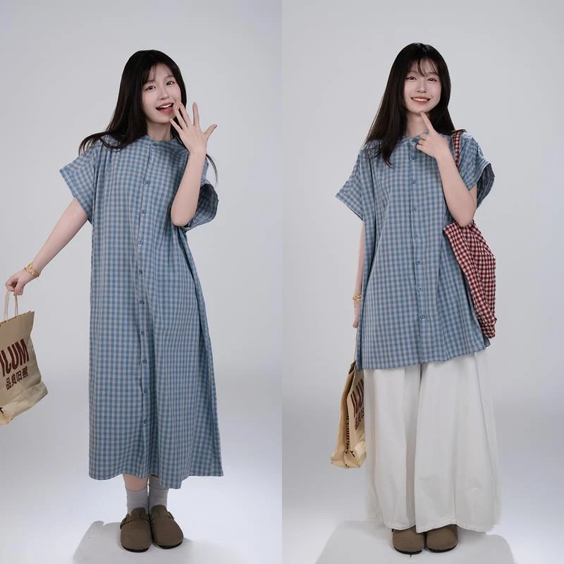 文艺复古圆领蓝色小格子短袖连衣裙女夏小清新宽松衬衫裙