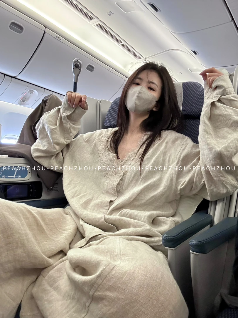 『PEACHZHOU』100亚麻蕾丝花边V领宽松阔版长袖休闲老钱度假风衬衫