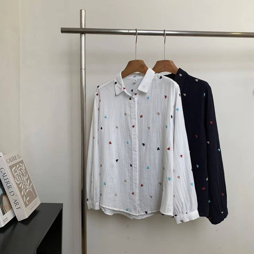素心轻奢 2025秋季双层棉纱衬衫刺绣爱心纯棉柔软文艺百搭衬衣女