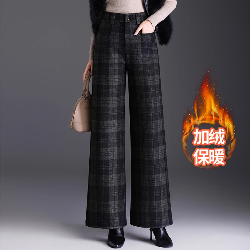 毛呢格子阔腿裤女秋冬2025新款高腰韩版时尚长裤休闲百搭直筒裤潮