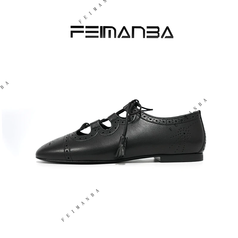 FEIMANBA 英伦风镂空雕花系带平底皮鞋