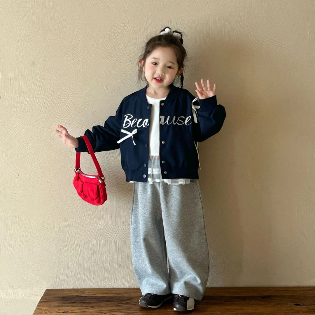 春季韩版童装女童字母刺绣蝴蝶结外套儿童棒球服+休闲卫裤套装