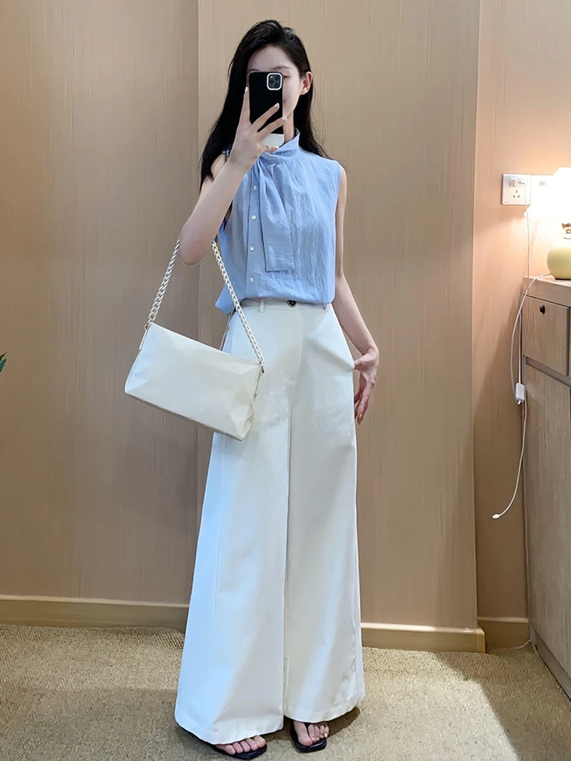 清爽通勤穿搭独特漂亮减龄上衣小众不撞款蓝色飘带无袖衬衫女夏季