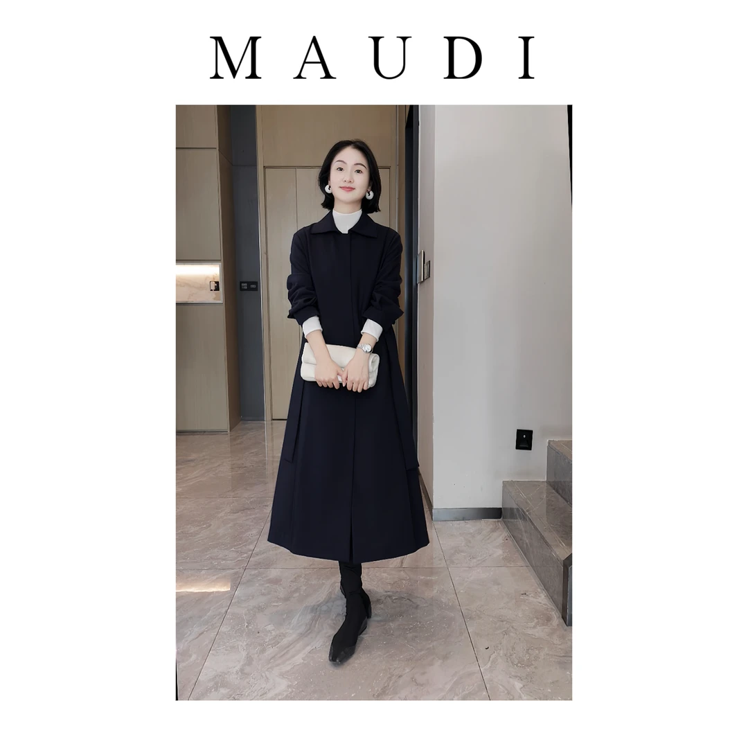 MAUDI时髦庄园2025秋冬新款简约外套复古腰带裙式洋气风衣女8186