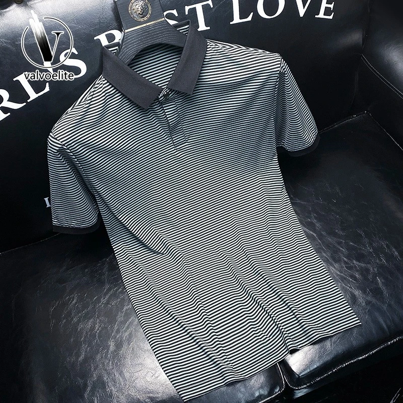 VALVOELITE夏季休闲垂感黑绿条纹百搭翻领衫男士户外休闲套头衫