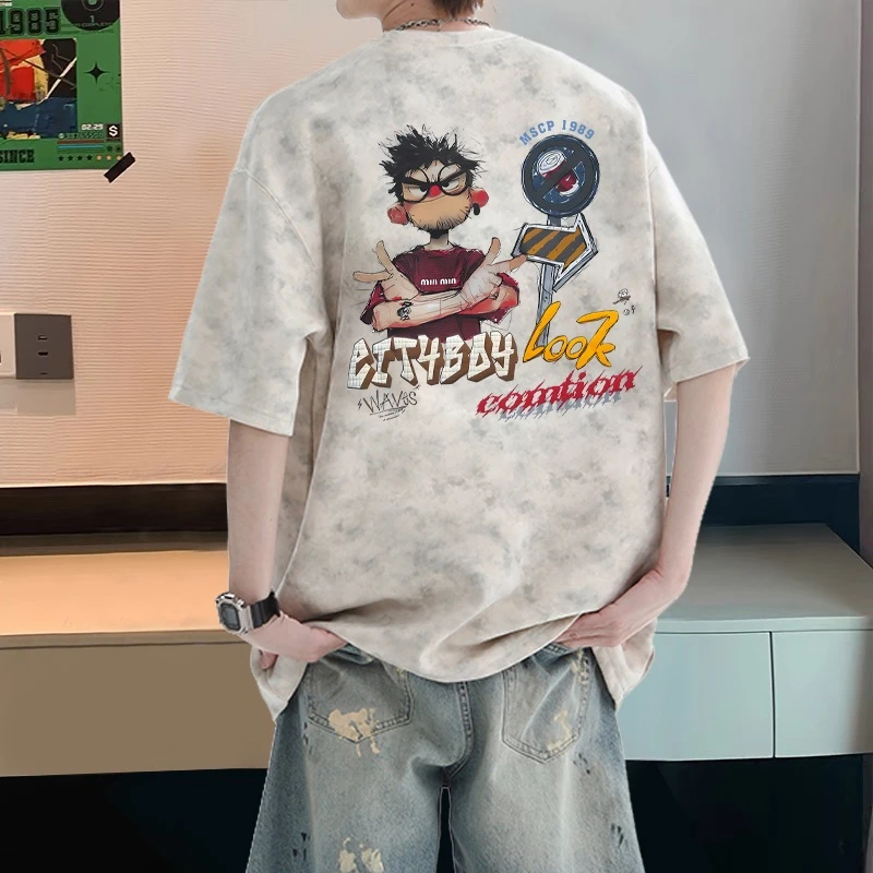 新款扎染纯棉短袖t恤男生宽松大码上衣美式复古潮牌卡通情侣半袖