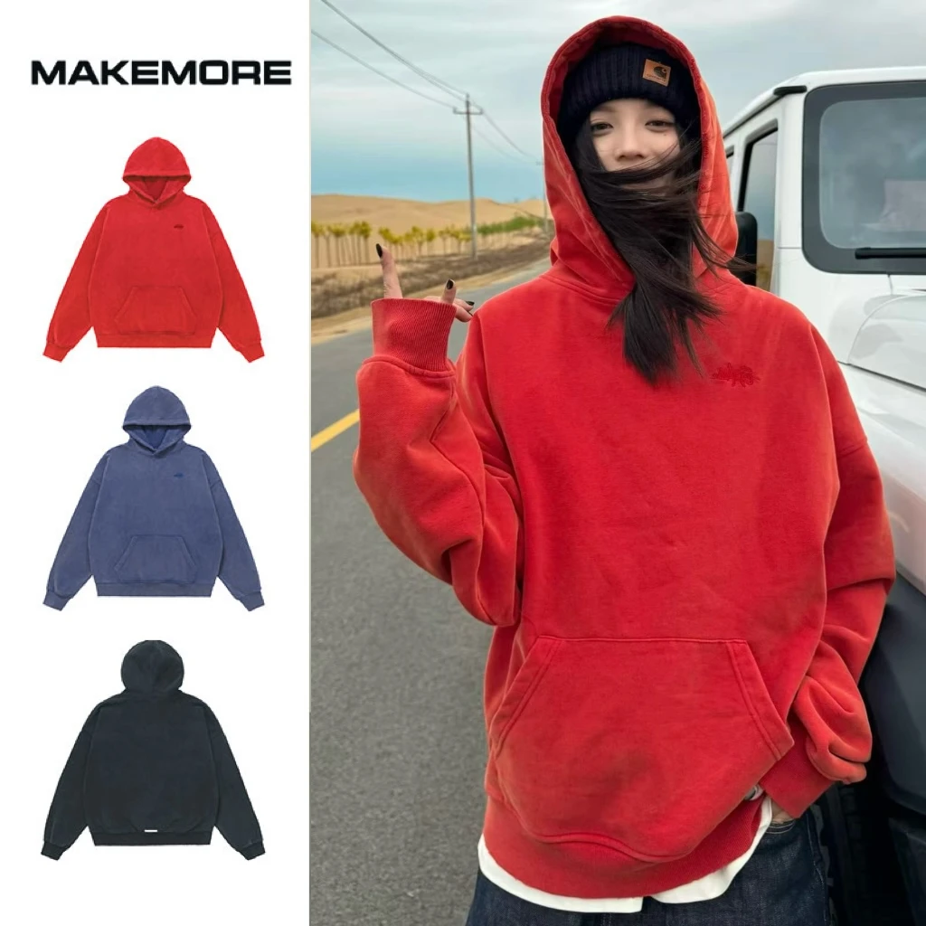 [‘双11好物’] Makemore{重工水洗}连帽卫衣新款红色重磅刺绣上衣