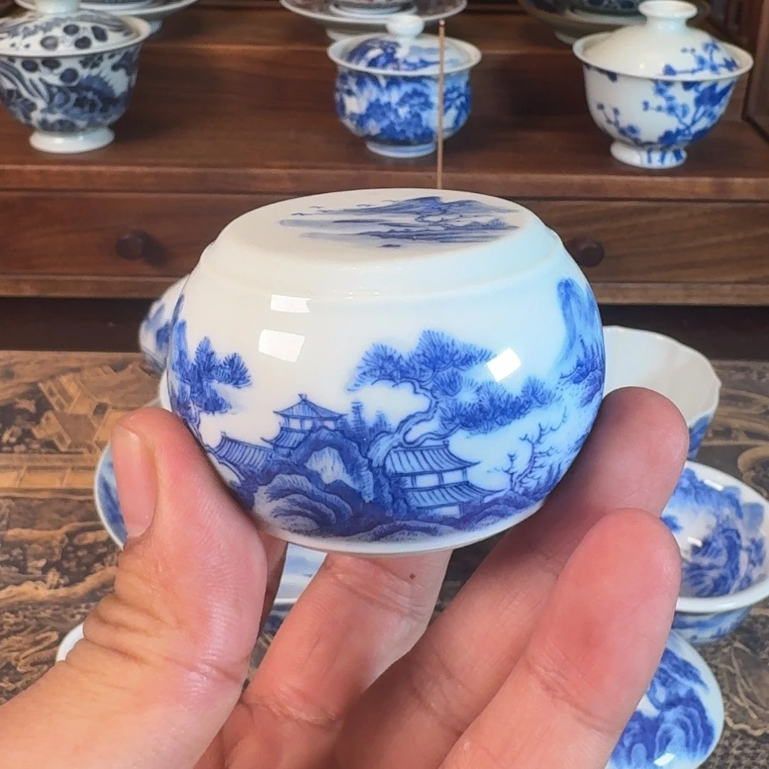 景德镇全手工手绘青花山水石墩盖置