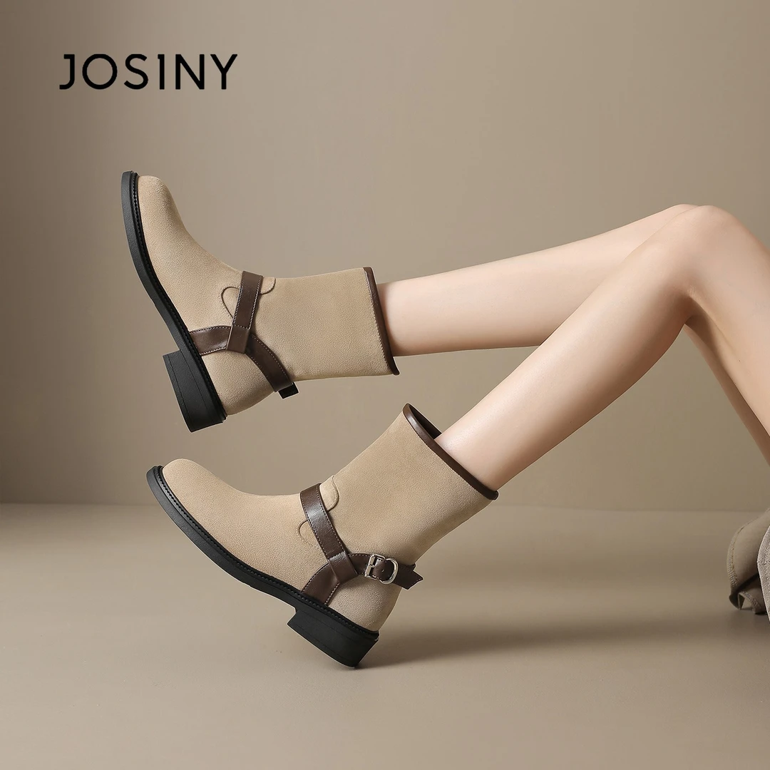 卓诗尼2025春秋季新款绒面短靴女粗跟复古英伦风时装靴子休闲单靴