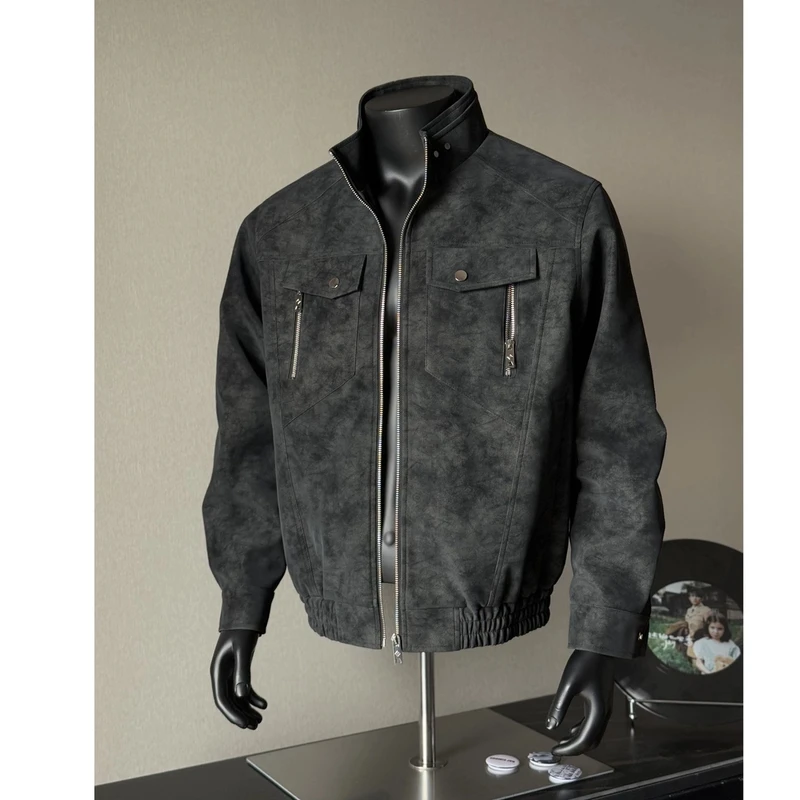 美式黑色皮衣外套男春秋季痞帅高级感立领小众设计工装飞行员夹克