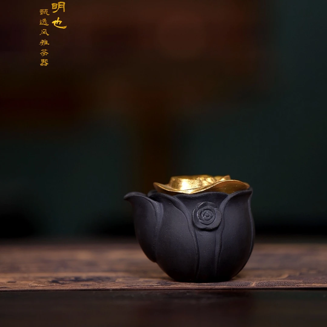 【明也茶器】鎏金山茶花紫砂莲瓣宝瓶泡茶壶 120ml