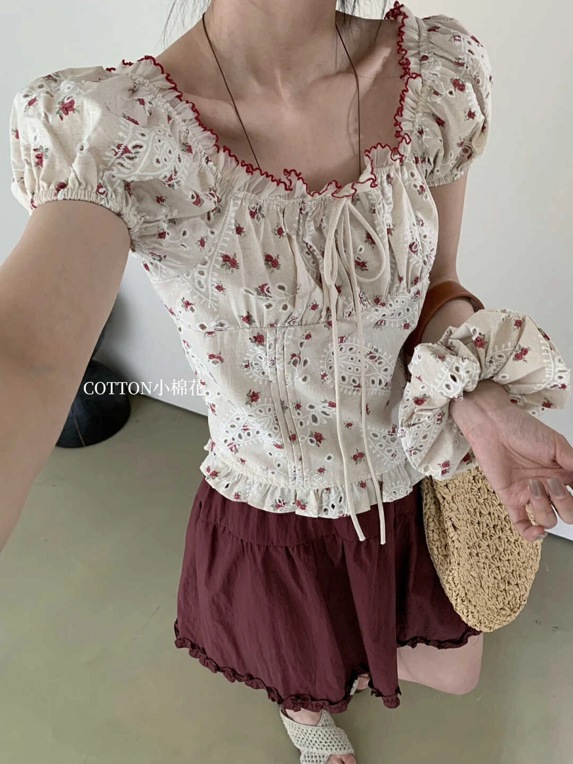 2401法式纯欲风时尚套装小众气质短袖珠片侘寂风性感风