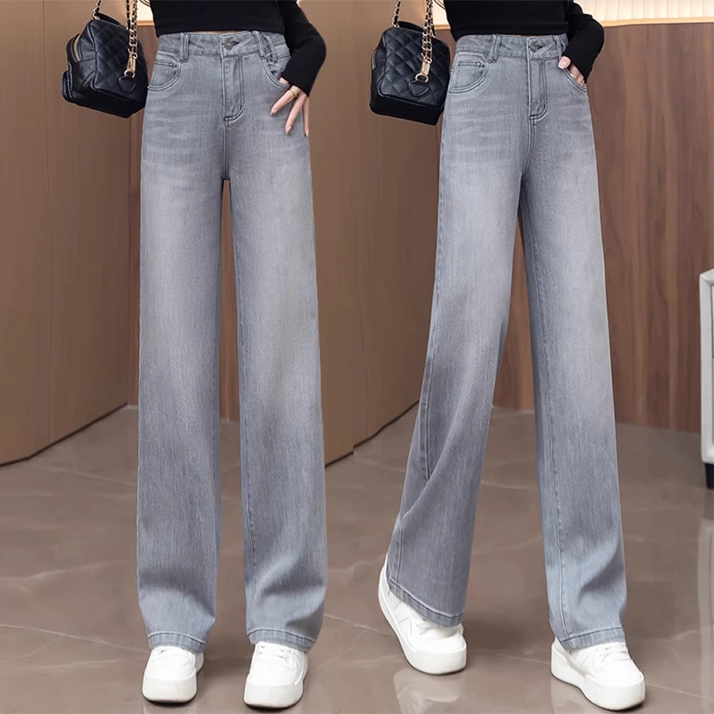 烟灰色牛仔直筒裤女春夏2025新款高腰宽松显瘦垂感休闲窄版阔腿裤