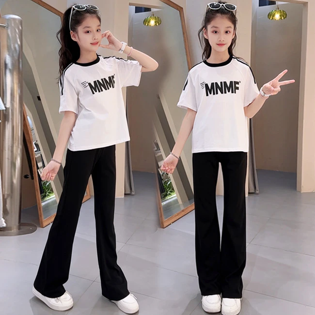 女童短袖套装2025夏季新款中大童T恤上衣学生百搭休闲微喇叭裤潮