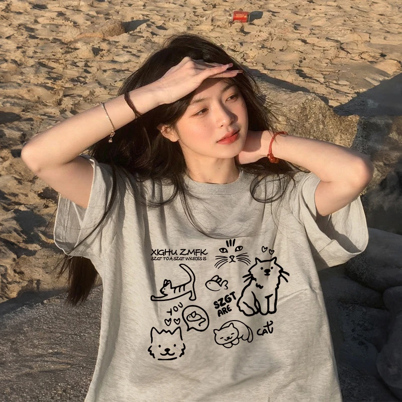 2025新款卡通趣味小猫t恤夏季休闲百搭宽松上衣学生oversiz短袖