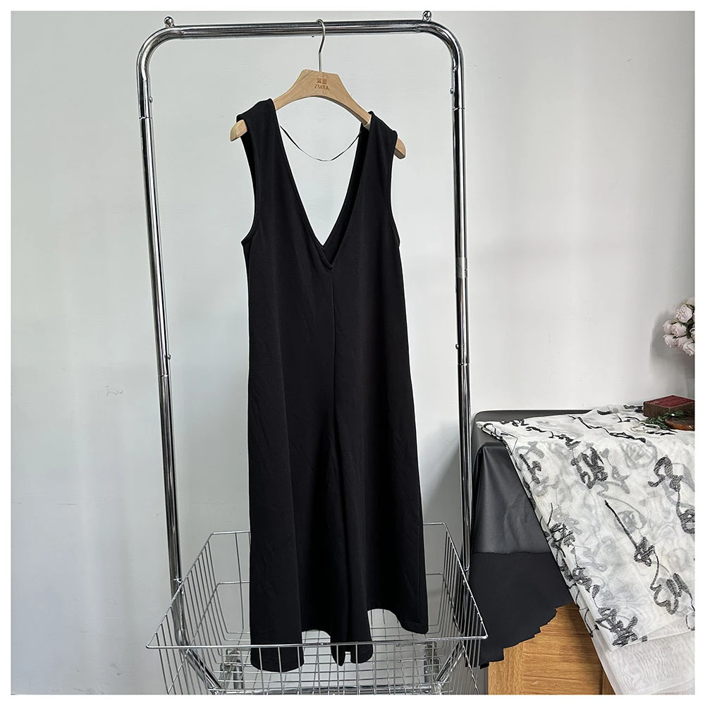 K201 秋季新款女士休闲宽松中长款V领百搭阔腿七分连体裤