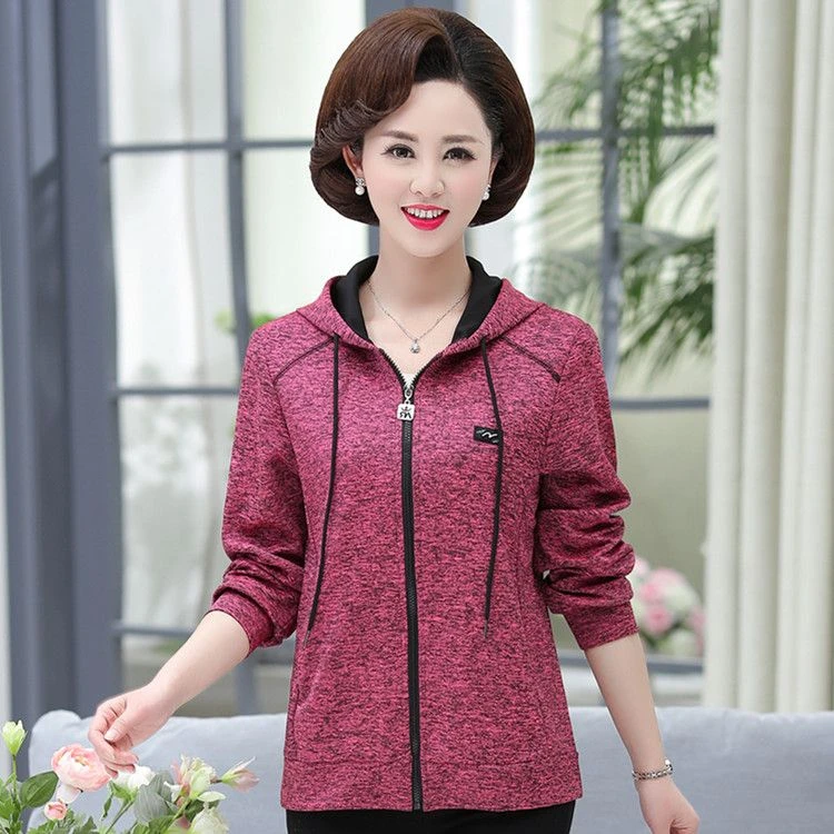 春秋薄款中老年妈妈洋气运动卫衣夹克外套中年上衣长袖连帽气质