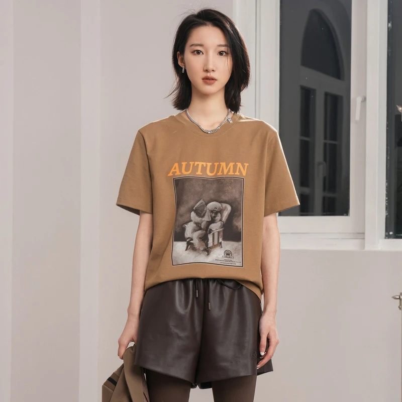 U/TI 深咖色贵宾犬挺阔感宽松简约百搭时尚舒适美式圆领短袖T恤