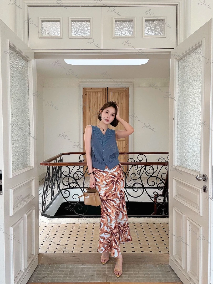 精致轻奢风气质拉满印花浪漫度假风中长款半身裙w1117w1