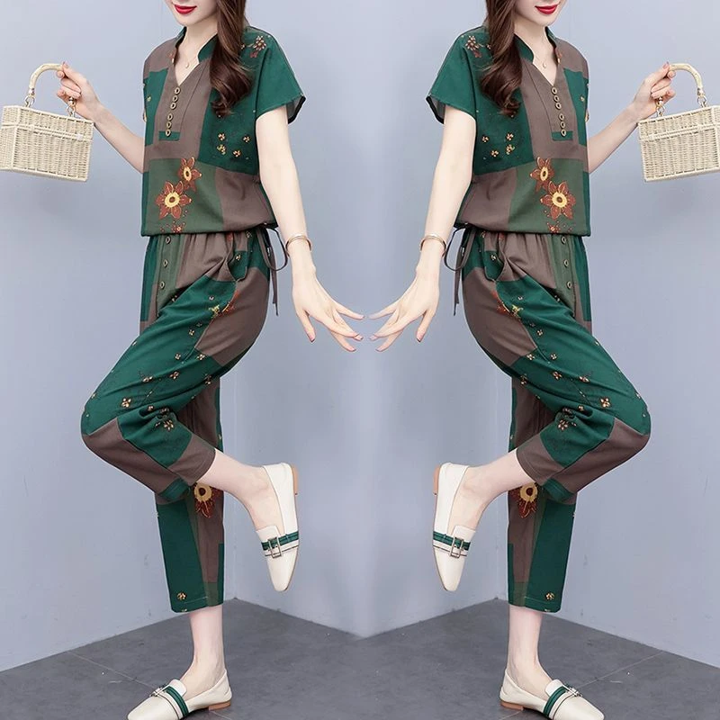 时髦套装女短袖休闲夏季新款时尚洋气高端印花显瘦气质两件套