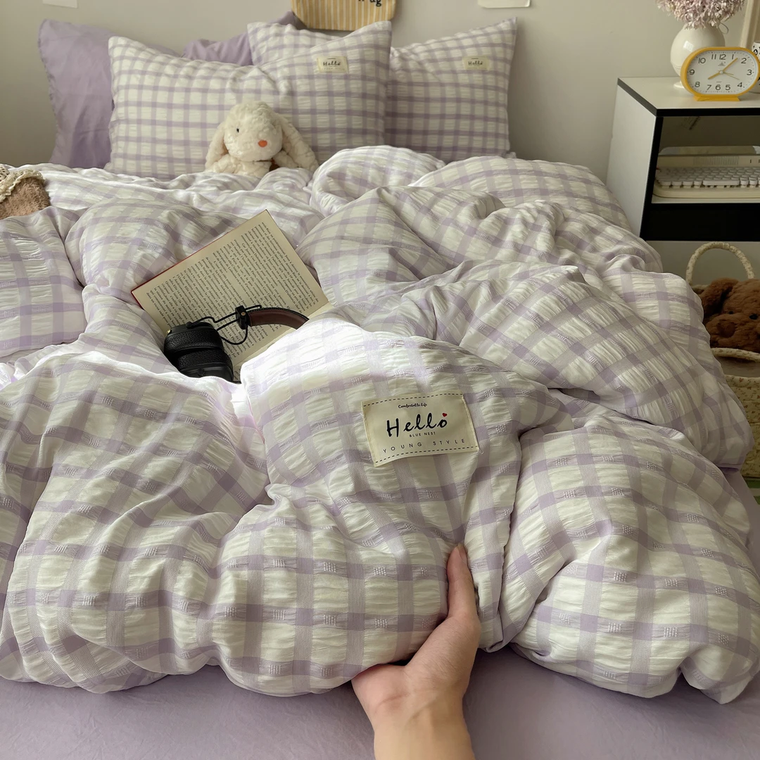 ins简约紫色格子泡泡纱水洗棉床上四件套学生宿舍被套床单三件套4
