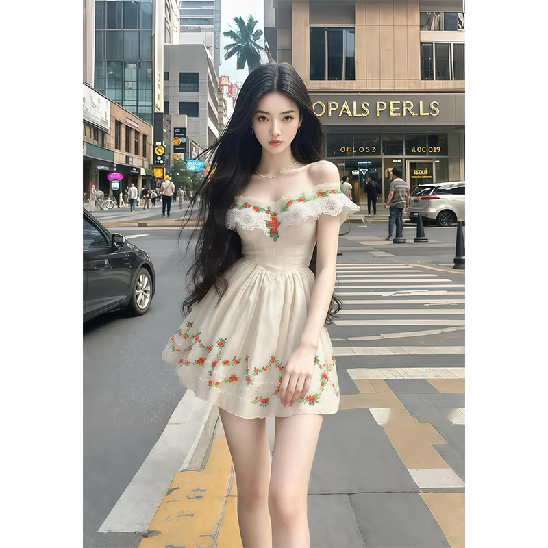 法式气质女神2025春季新款高级感一字肩短袖连衣裙女性感收腰短裙