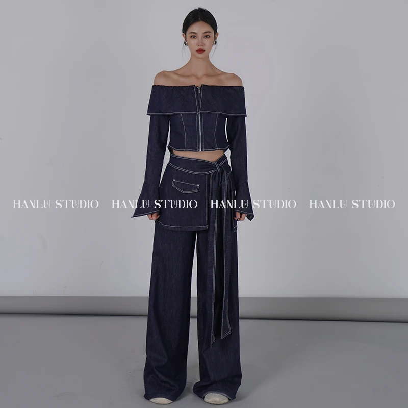 HanLu studio牛仔一字肩百搭风原宿风露肩短款辣妹风时尚复古套装