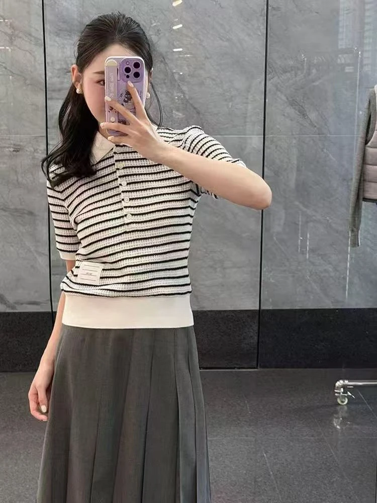 【蓉蓉】T家夏季新款高捻棉麻感针织polo条纹短袖时尚气质显瘦经典