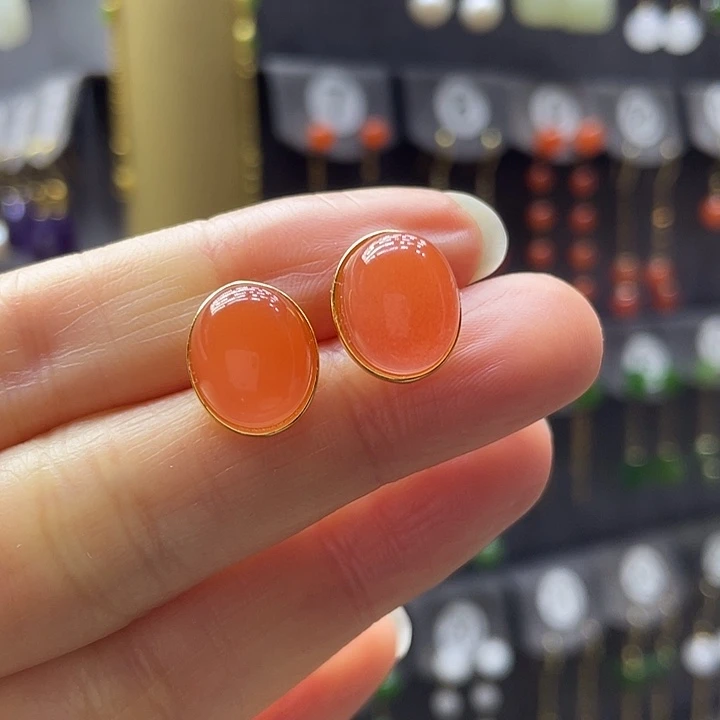 南红玛瑙银S925镀金镶嵌耳饰