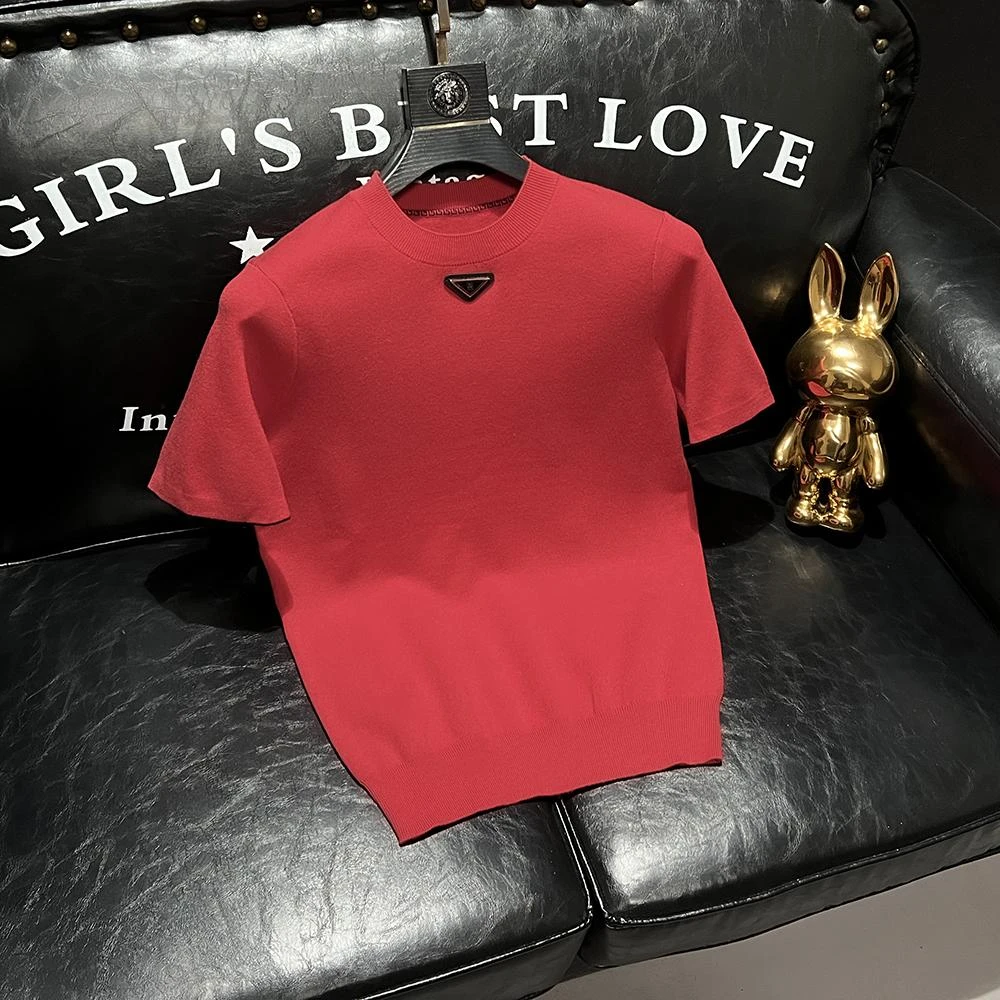 欧货轻奢红色羊毛衫男士秋冬新款半袖三角标百搭时尚圆领短袖毛衣