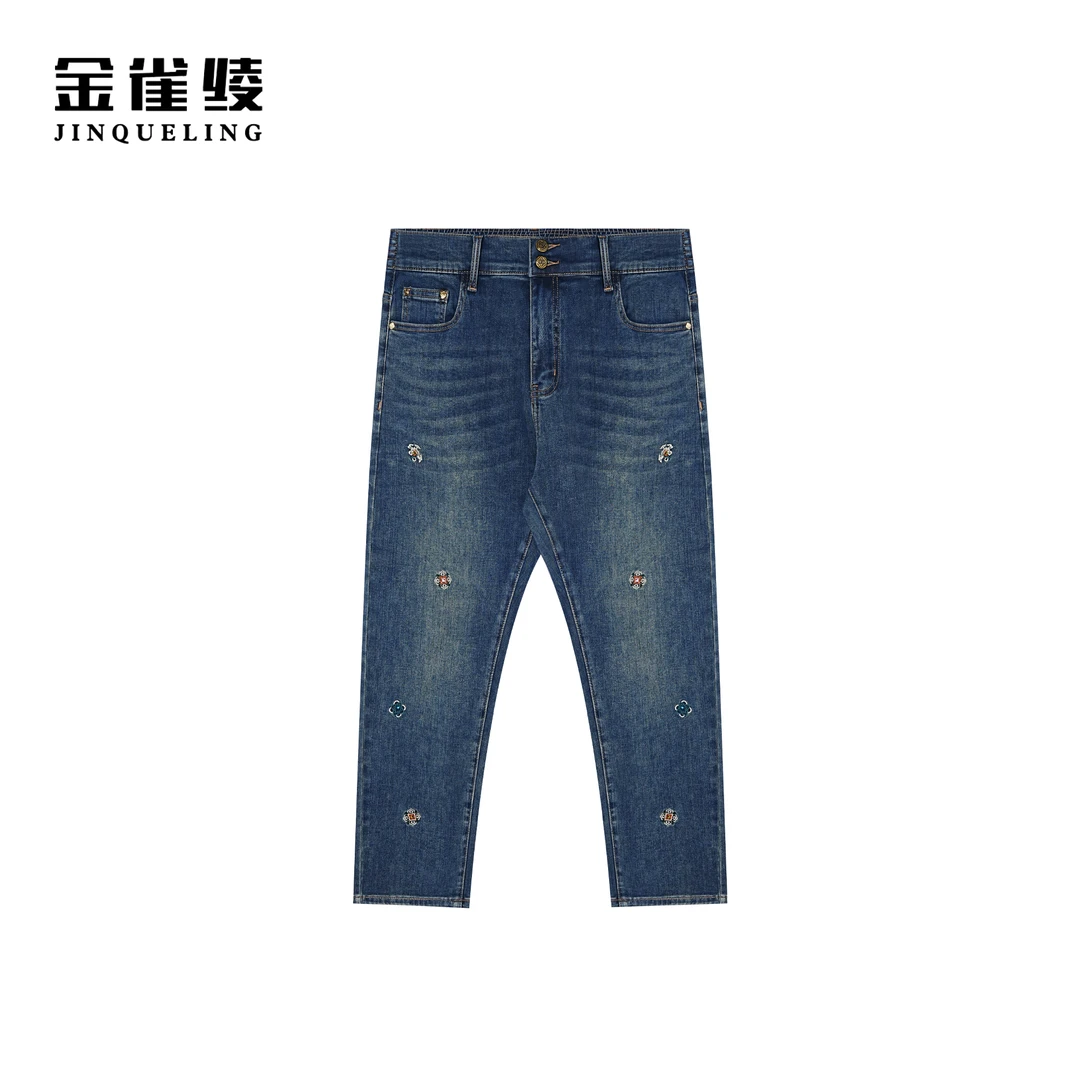 金雀绫【多宝裤】原创设计刺绣款烟管九分牛仔裤SZK1KLW02