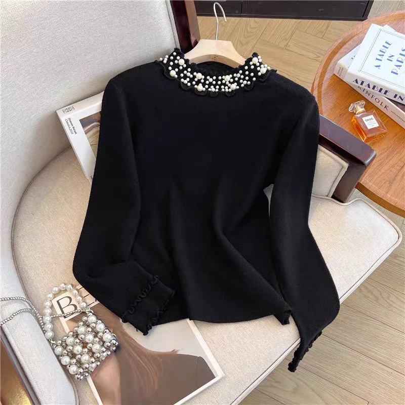 【苏苏精选】S5022领口花边钉珠毛衣气质高级时尚新款