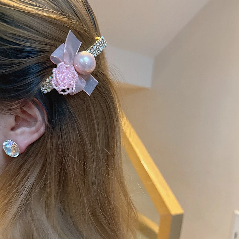 jioli/椒莉韩国施家水晶串珠花朵珍珠发夹弹簧夹甜美蝴蝶结边夹女
