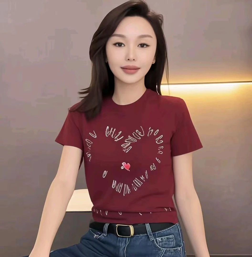 正肩短袖t恤女2025夏季新款修身显瘦时尚印花百搭圆领棉质上衣