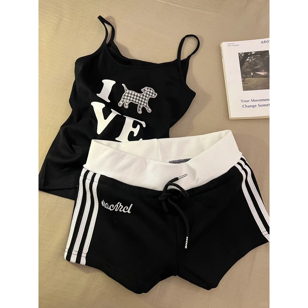 纯欲字母辣妹卡通小狗印花吊带睡衣女夏季新款短裤套装运动家居服